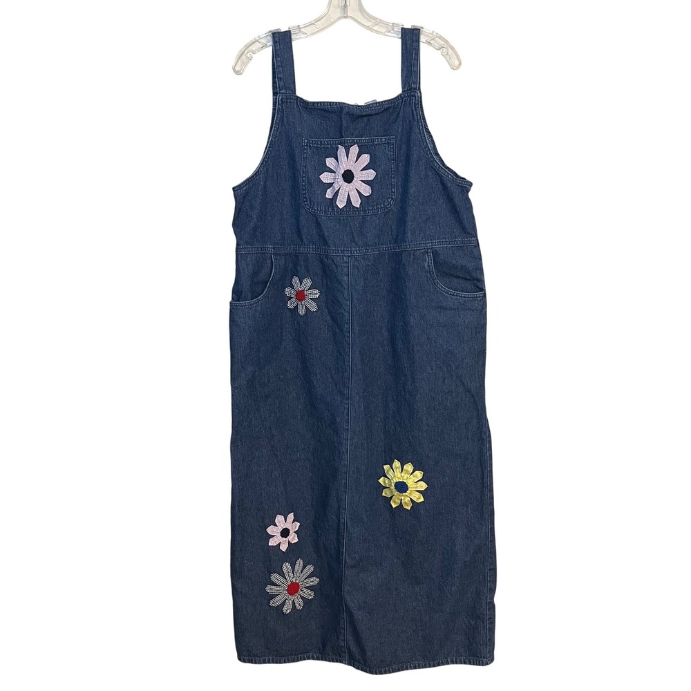VTG Denim Dress Maxi Bib Overall Blue Jean Flower Applique XL Teacher Artsy